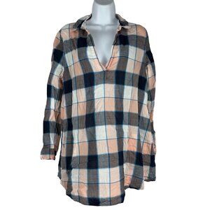 Lou & Grey Women's V-Neck Plaid Blouse Size M Gray/Pink Long Sleeved